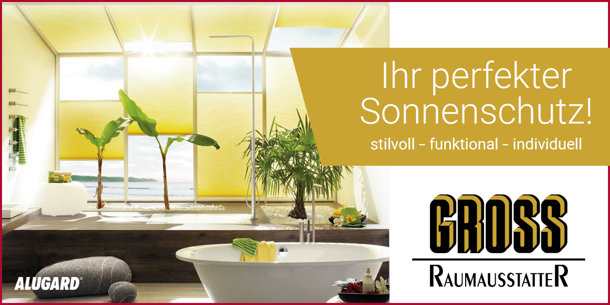 Sonnenschutz. Gelbes Rollo in einem moderenn Bad.