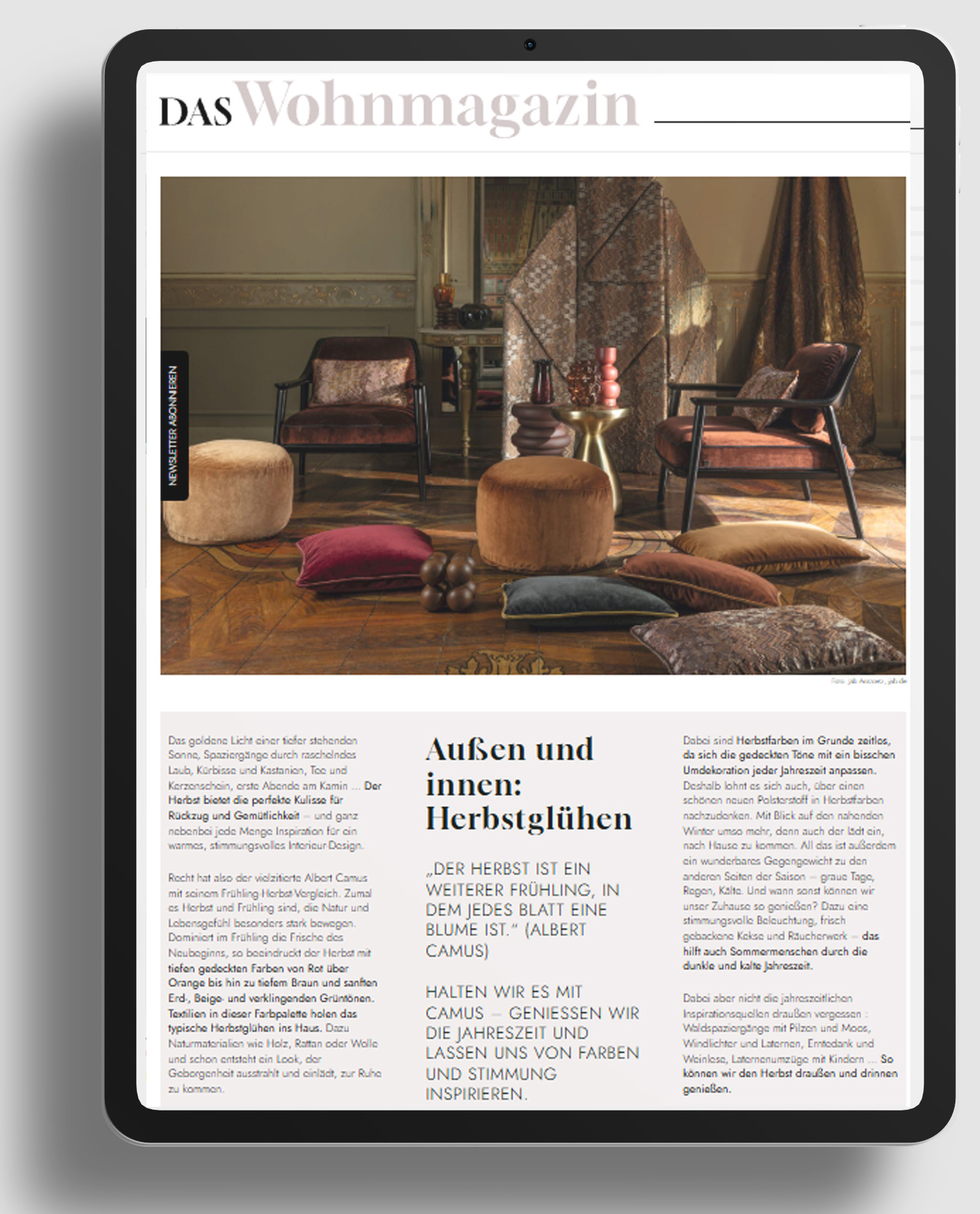 Screenshot von einem Tablet. Text: Herbst/Winterausgabe – Das Wohnmagazin